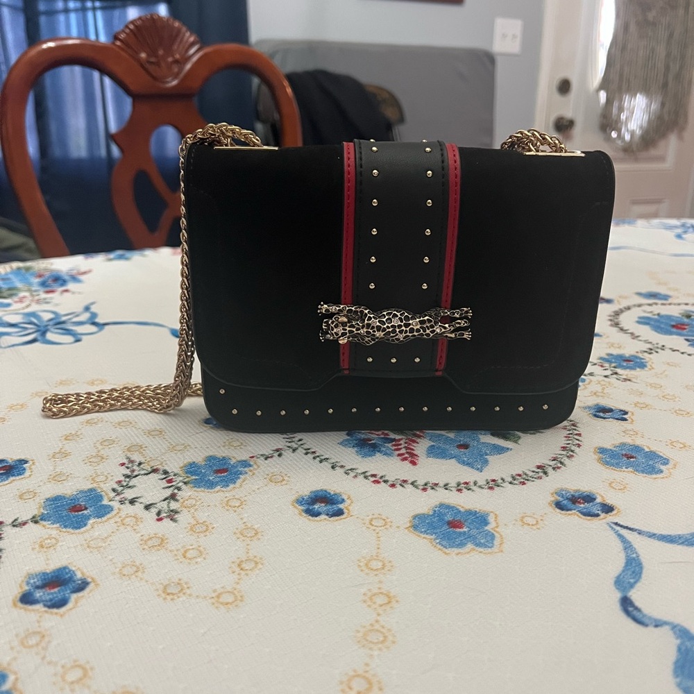 Topshop Black and Red Suede Chain Panther Clutch